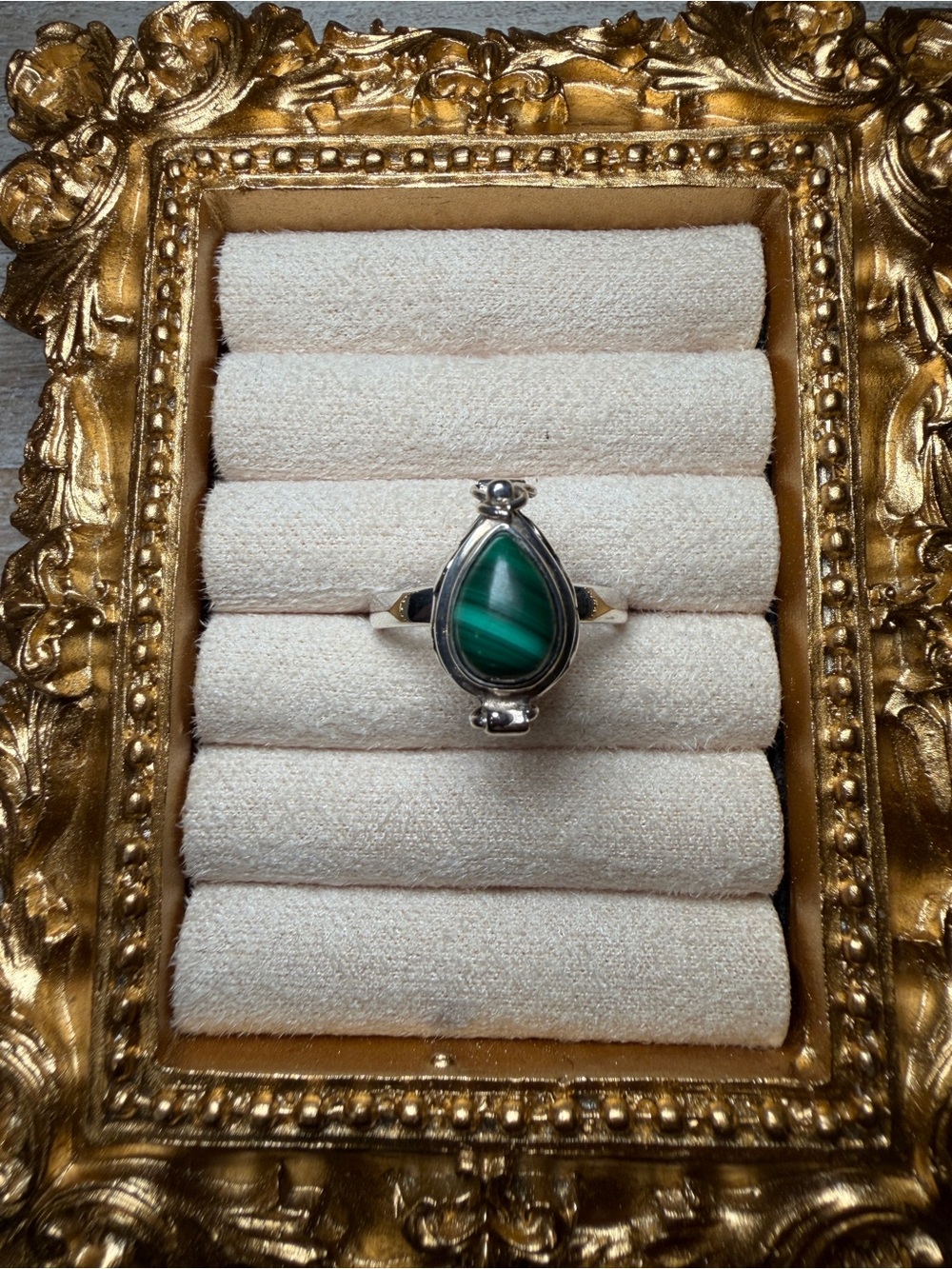 Sterling Silver Malachite Cabochon Poison Ring - Size 6.75